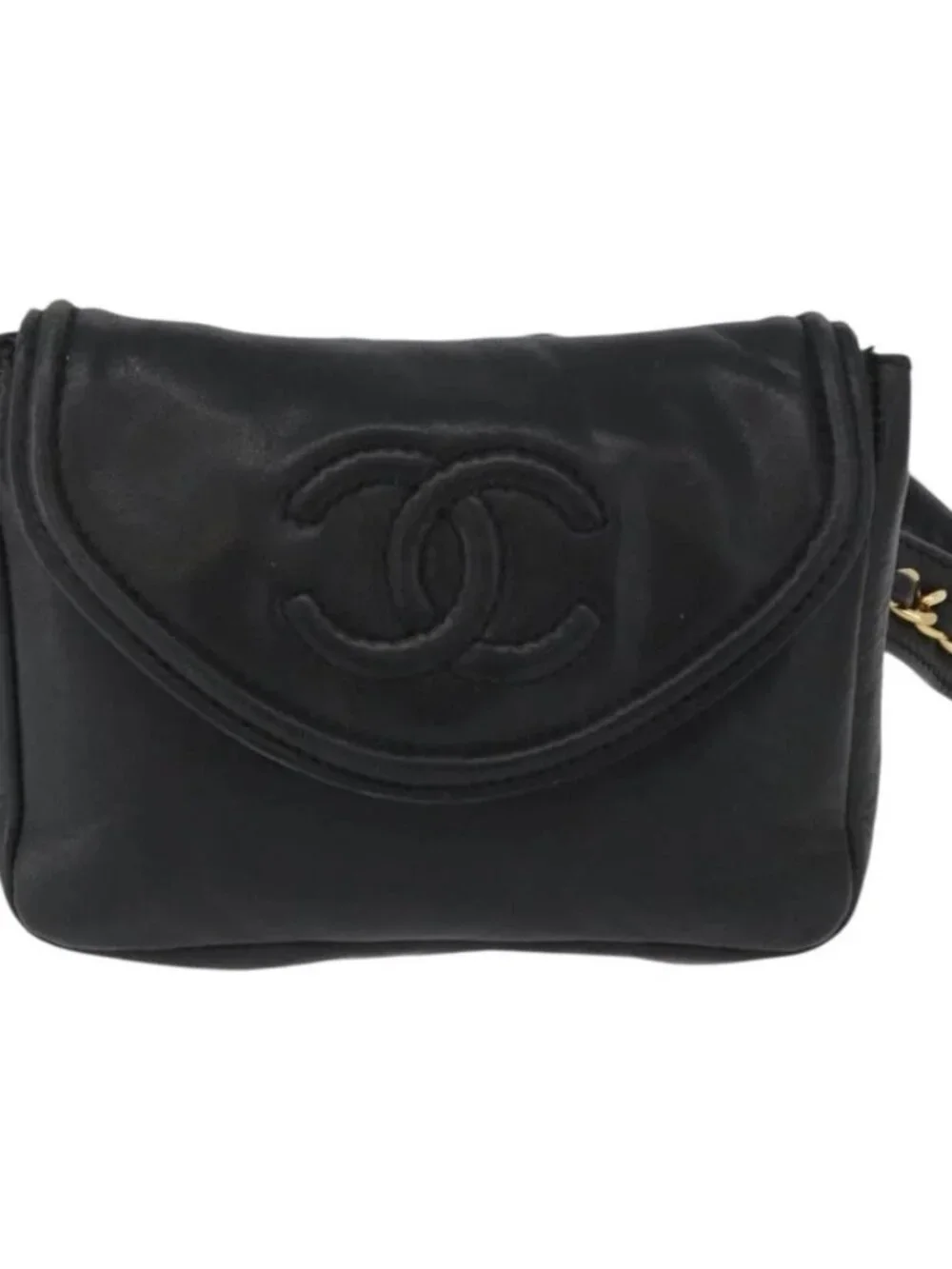 CHANEL COCO Mark Chain Waist Bag Lamb Skin Black Gold CC Auth BA11165
